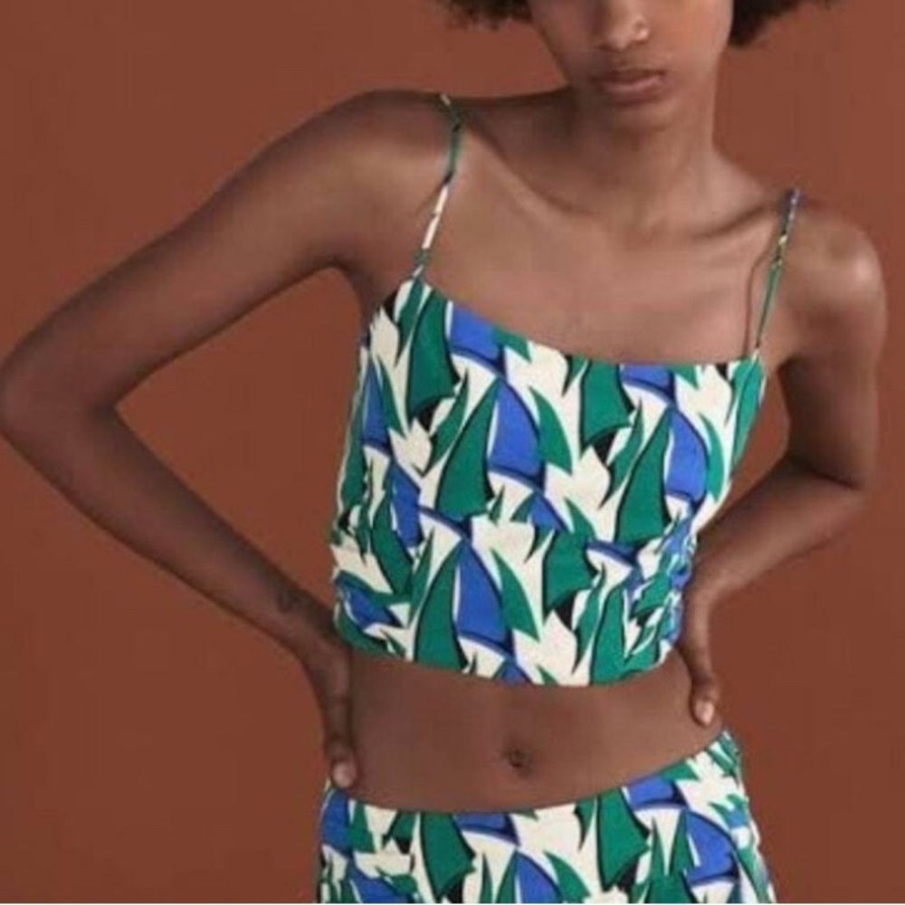 NEW | ZARA Linen Women's Blue Green Geometric Print Top